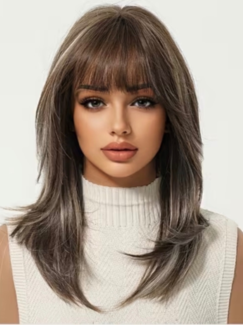 16” Gray Brown Highlight Medium Length Wig with Bangs
